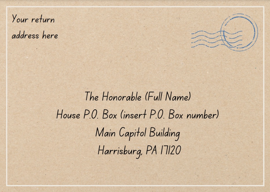 A sample envelope addressed to a state rep